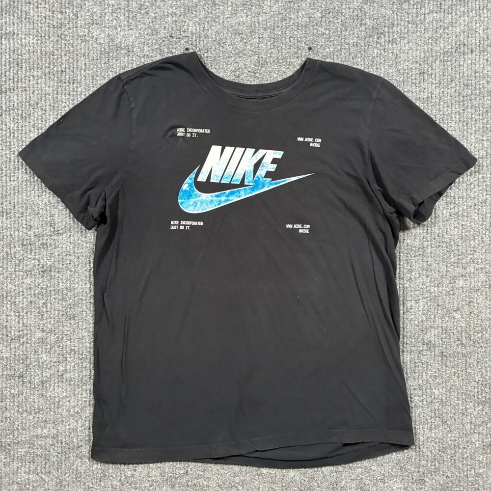 Nike Graphic T Shirt Mens Size L Black‎ Blue Swoosh Logo Short Sleeve Tee